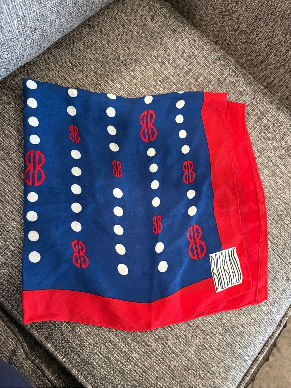 Vintage Bill Blass Silk Scarf BB Monogram Polka Dot Red White Blue Scarf
